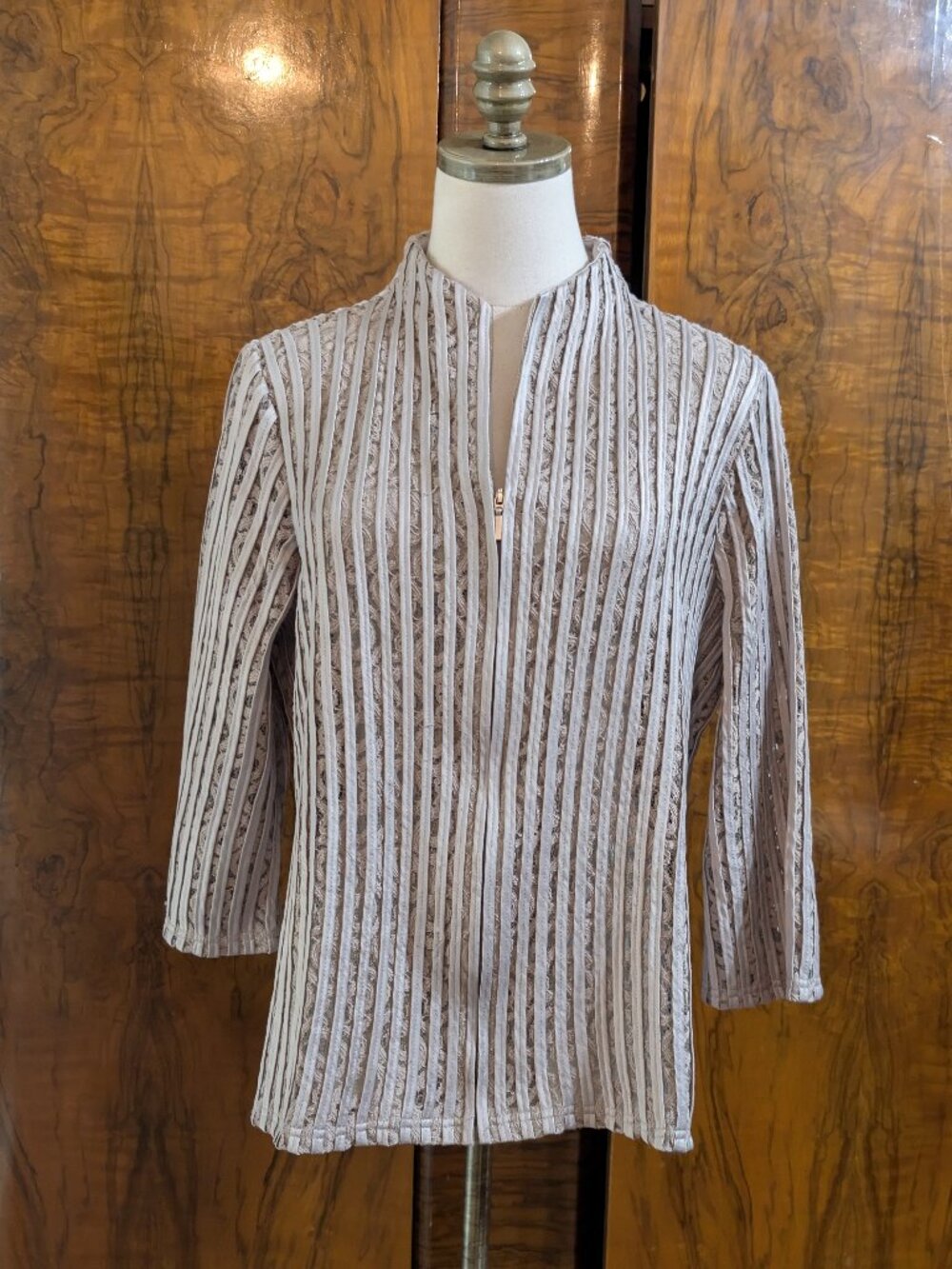 Chicos Travelers Semi Sheer Lace Zip Jacket M 1 Gray Taupe Striped Coquette